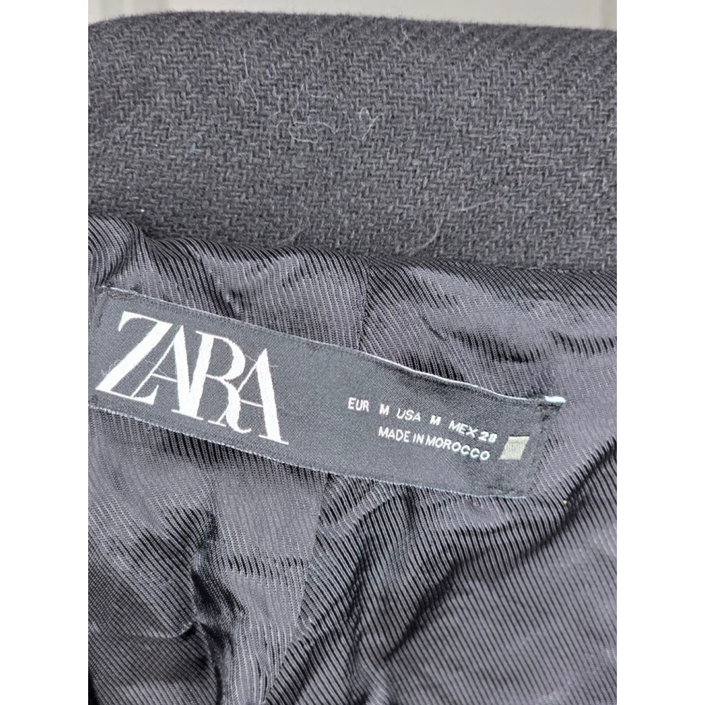 ZARA Black Wool Blend Coat with Faux Leather Pockets Women’s Size M - Picture 3 of 4